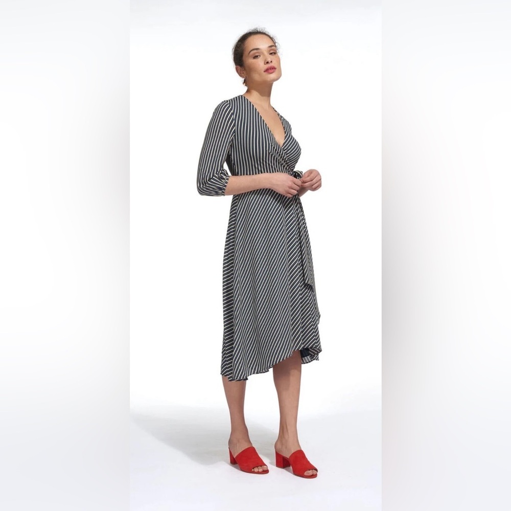 Whistles Callie Stripe Wrap Midi Workwear Dress Blue Yellow White UK 10 / US 6